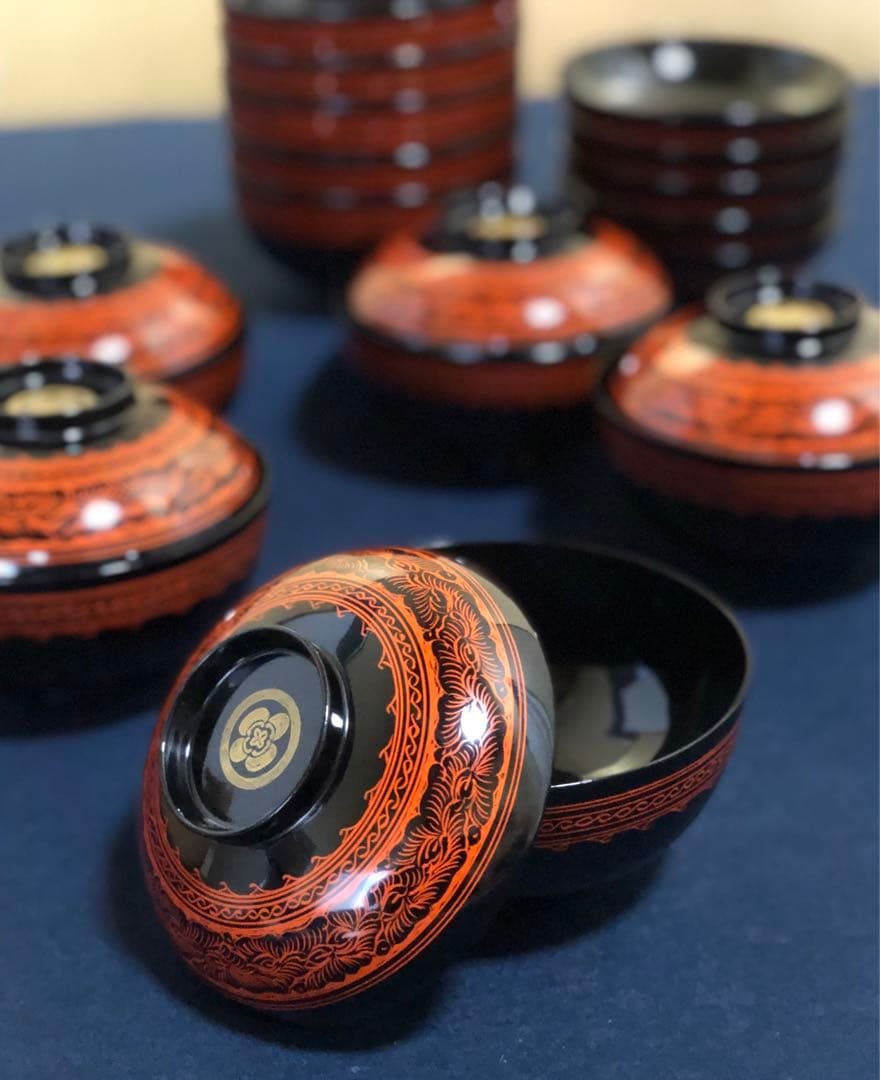 《R》蒟醤塗 唐草文様 椀5客 芳廣作 木製漆器 共箱　260317A3