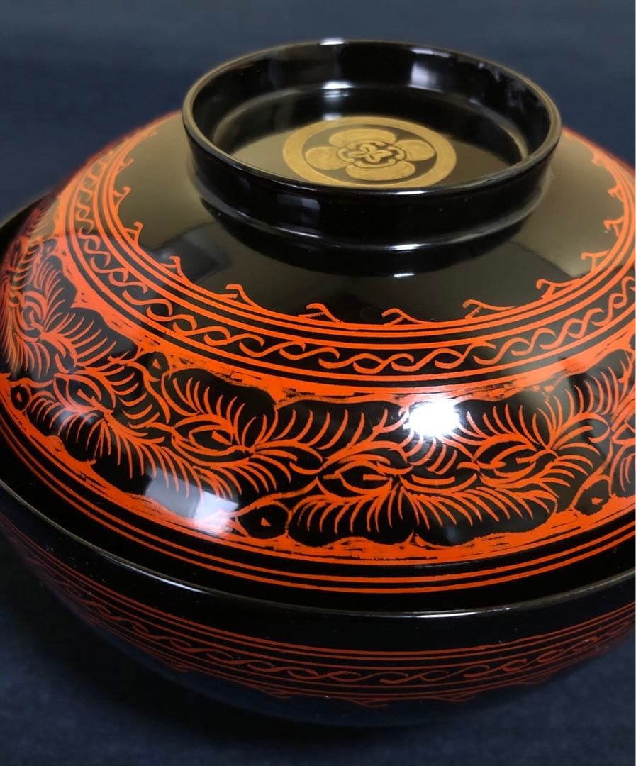 《R》蒟醤塗 唐草文様 椀5客 芳廣作 木製漆器 共箱　260317A3