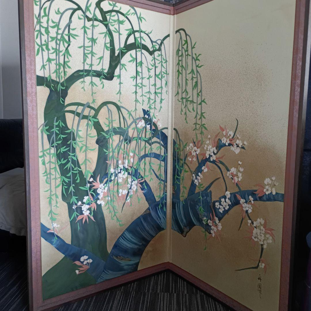 ​【直接引取限定】特大 押し絵 二曲屏風 柳桜図 銘あり 高さ142cm 伝統