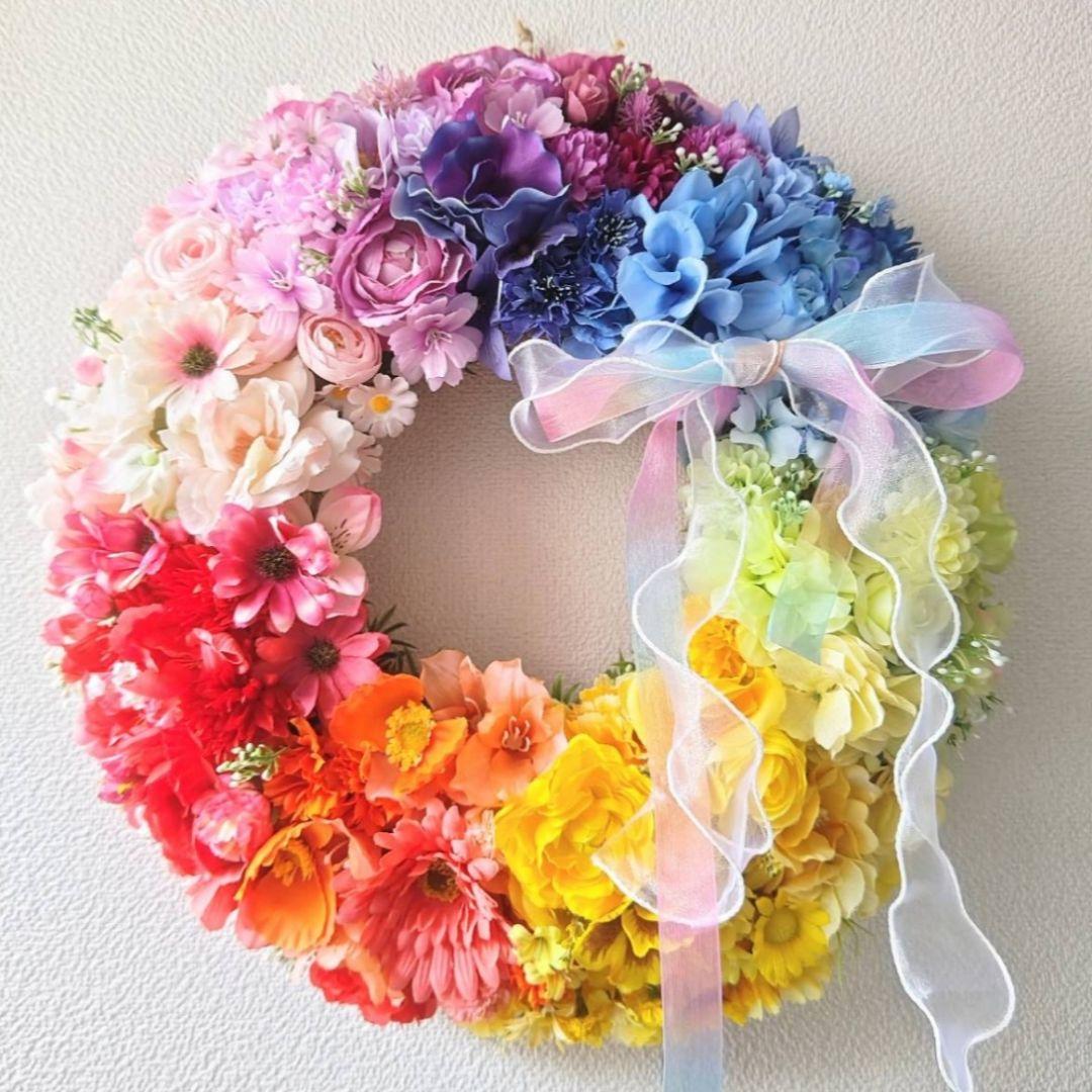 特大❣️48cm♪虹色フラワーリース レインボーリース