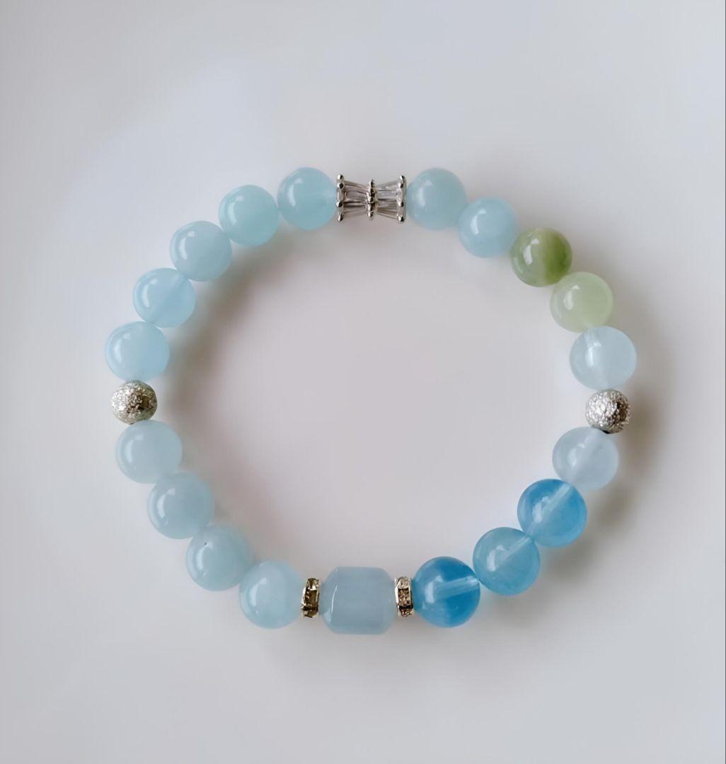 希少石 天然石 スターアクアマリン グリーンベリル CZパヴェ ブレスレット