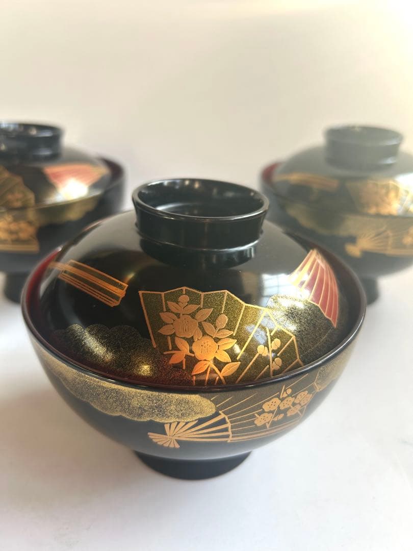会津塗 蓋付き 大ぶり吸物椀 汁椀 丼椀 3セット 金蒔絵 扇柄 和食器