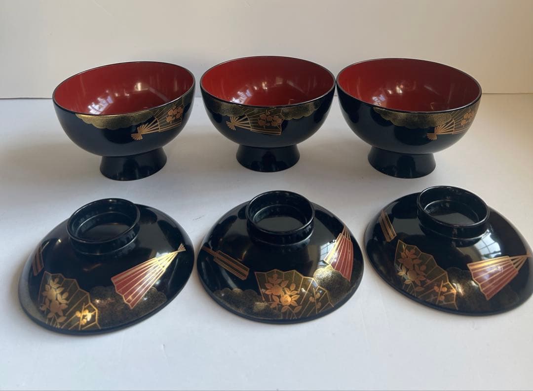会津塗 蓋付き 大ぶり吸物椀 汁椀 丼椀 3セット 金蒔絵 扇柄 和食器