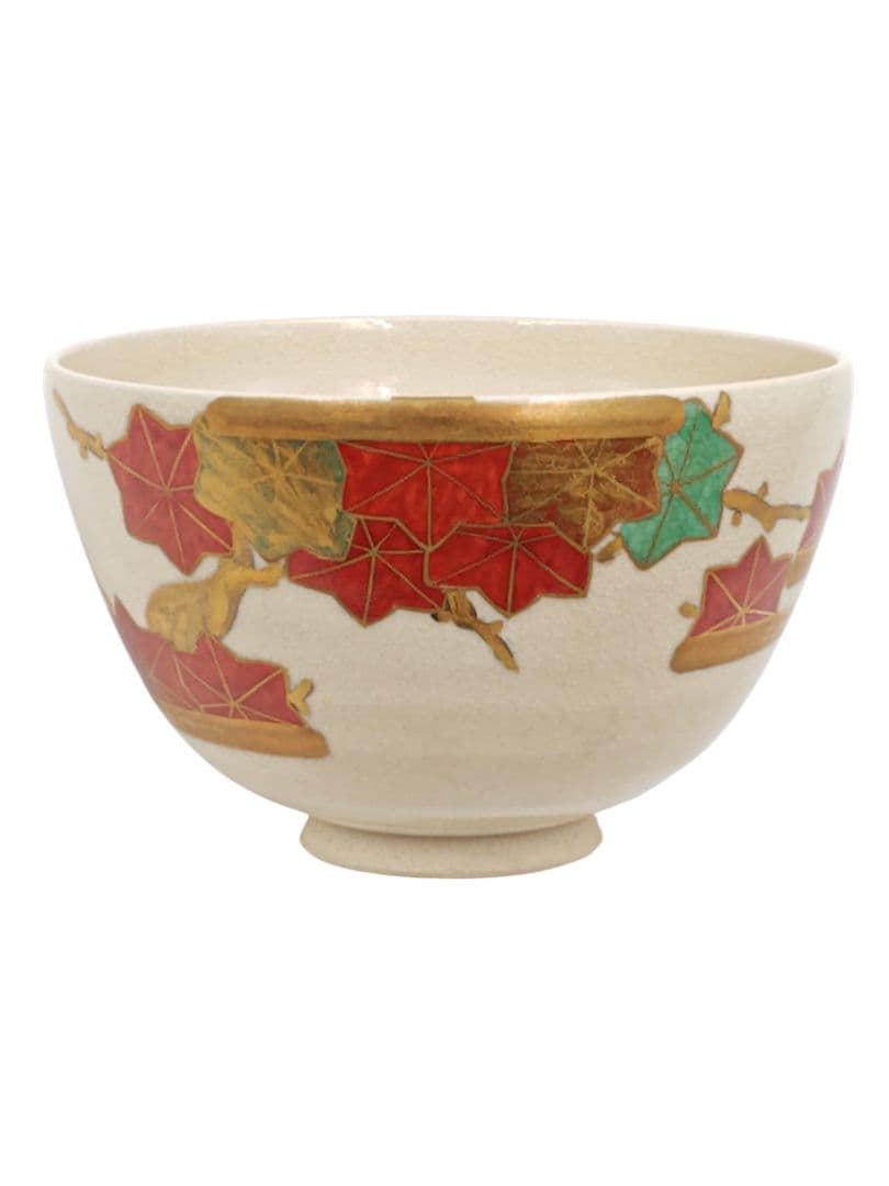 茶道具 清閑寺窯 【杉田祥平】 『仁清写 色絵 金彩 紅葉 茶碗』 在印 桐共箱
