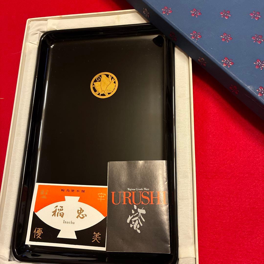 新品！稲忠　特産輪島塗黒盆 沈金紋章付　丸に揚羽