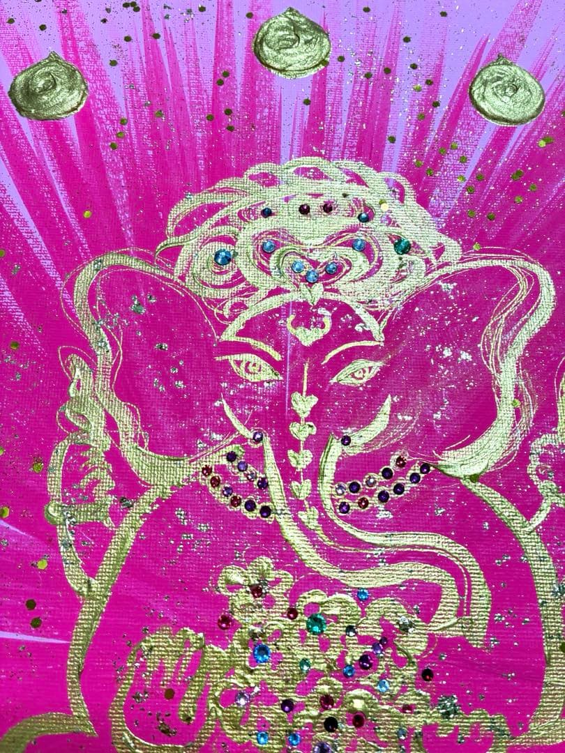 開運絵画　ガネーシャ　宝珠　蓮の花　幸運　財運　金箔　24金