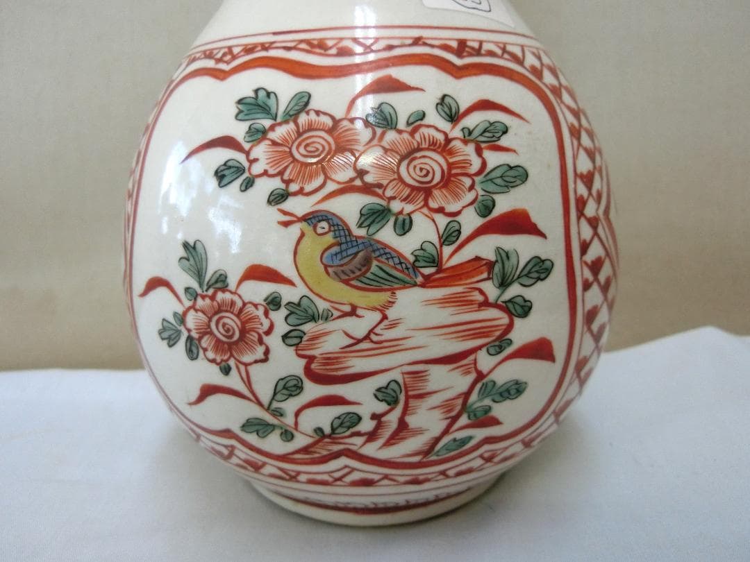 処分価4（水）22時まで❕【九谷瓢箪型花器　色絵　角福銘　窓絵花鳥人物図・33】