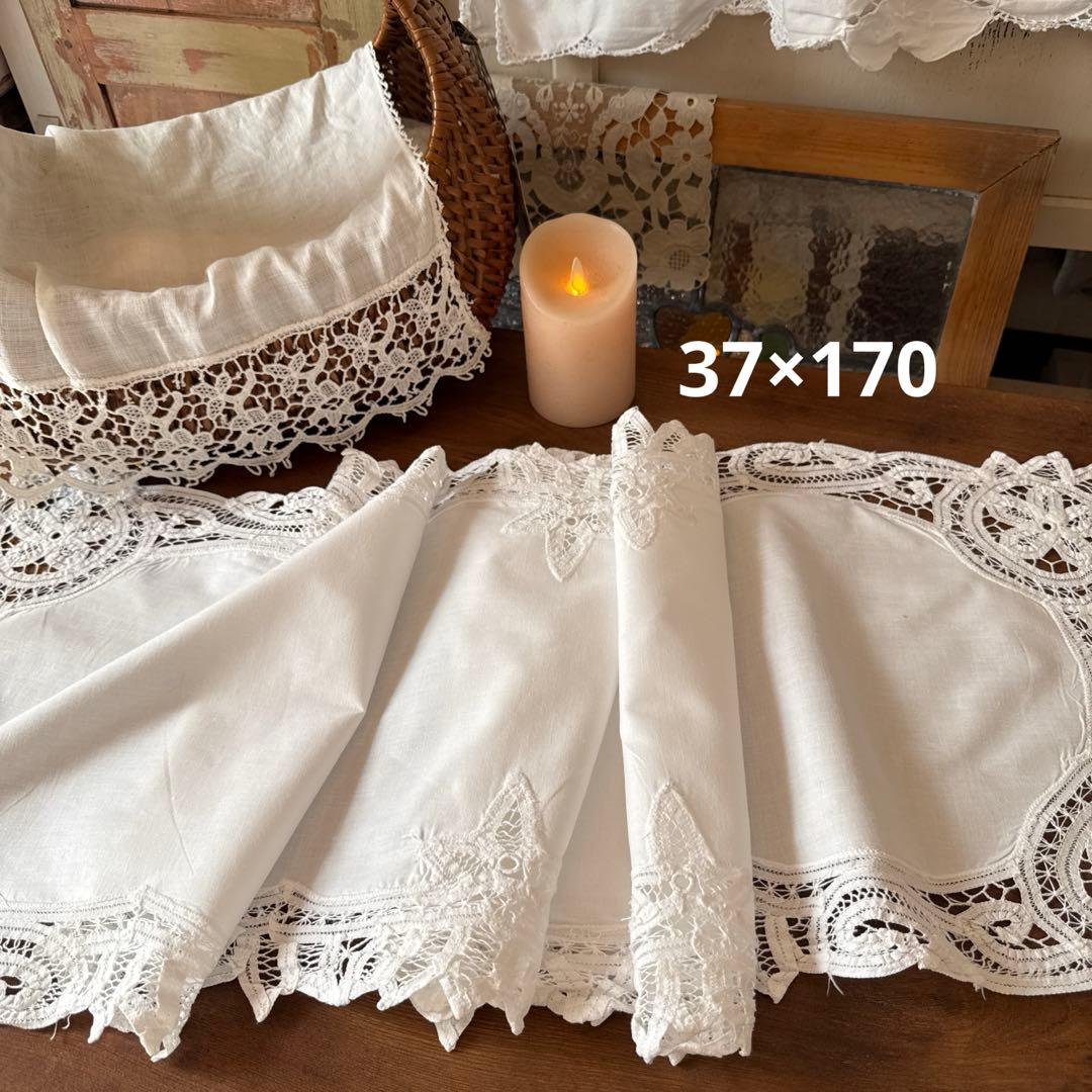 SALE❣️フランスアンティークஐ⋆*バテンレースのホワイトクロスロング