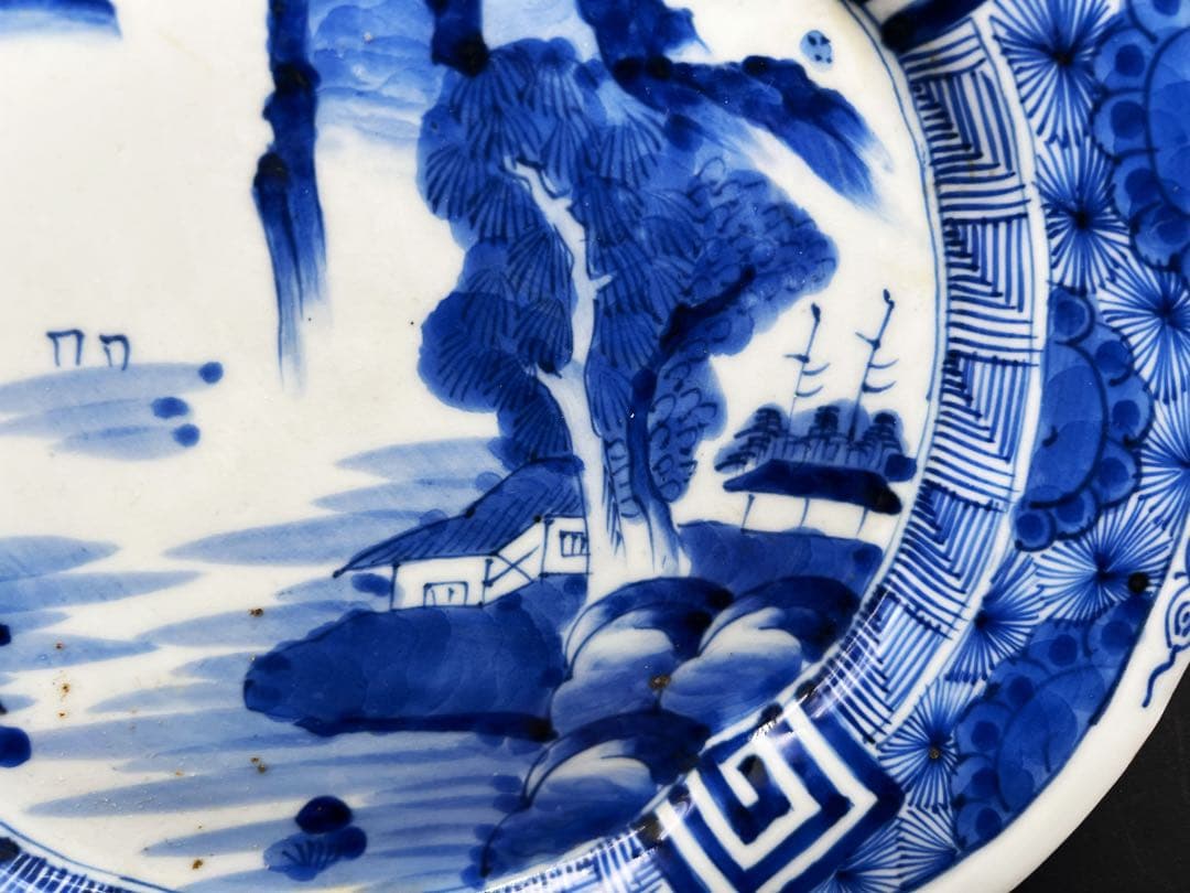 時代物 青華染付 飾り皿 骨董品 アンティーク 山水図 古染付 大皿