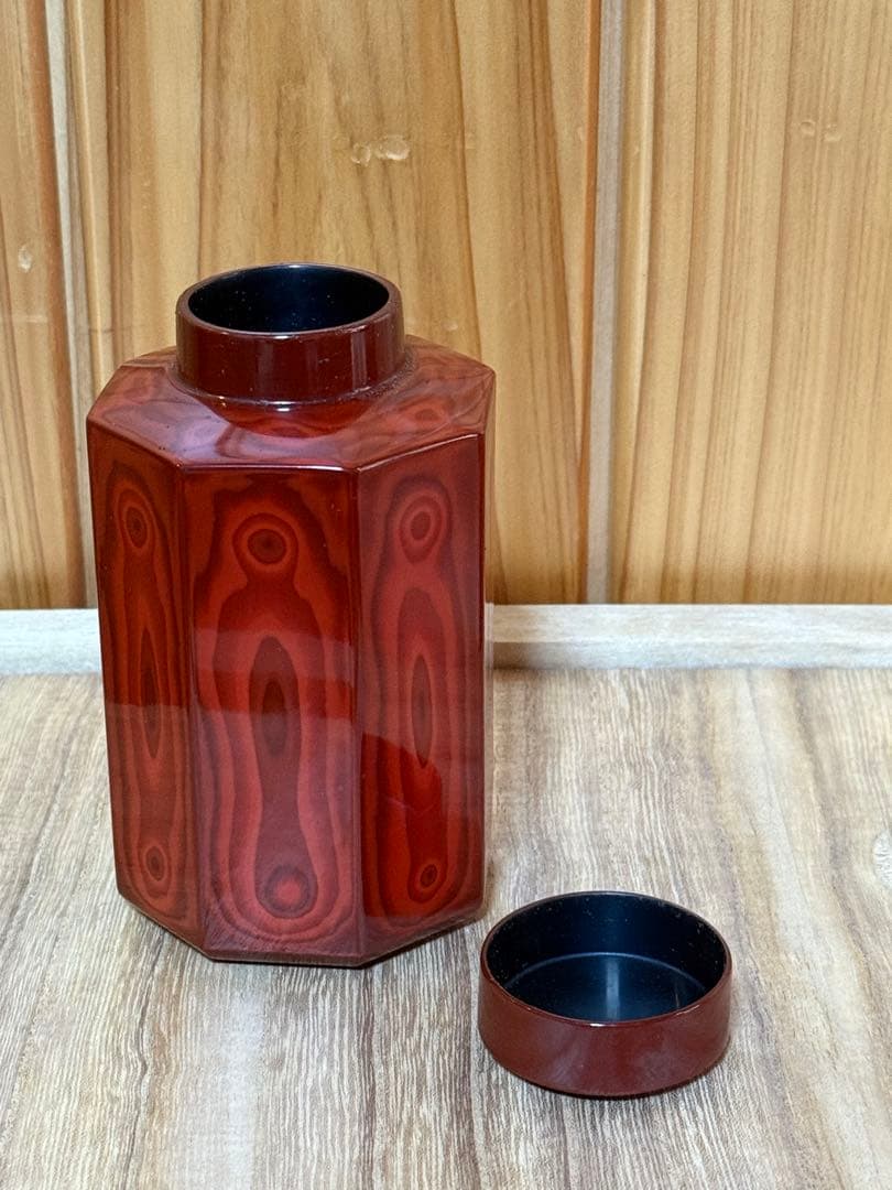 村上堆朱　乾漆　茶筒　渡辺隆作　共箱付