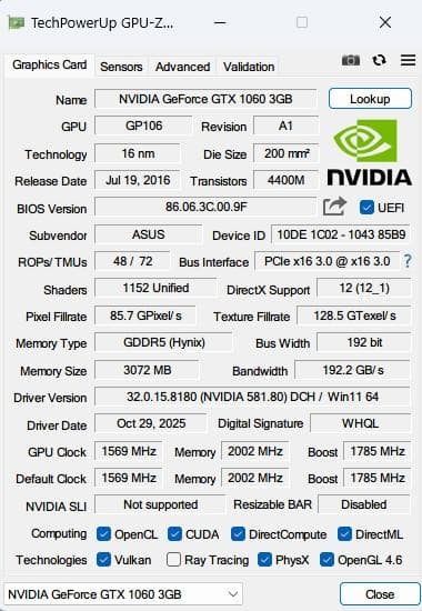 グラフィックボード・グラボ・ビデオカード ASUS DUAL-GTX1060-3GB