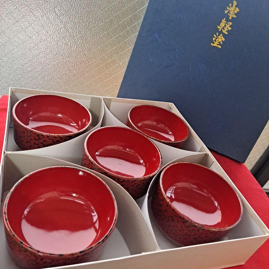 【津軽塗　唐塗　筒型　汁椀/飯椀×5客】天然木製　赤上　未使用/長期保管品
