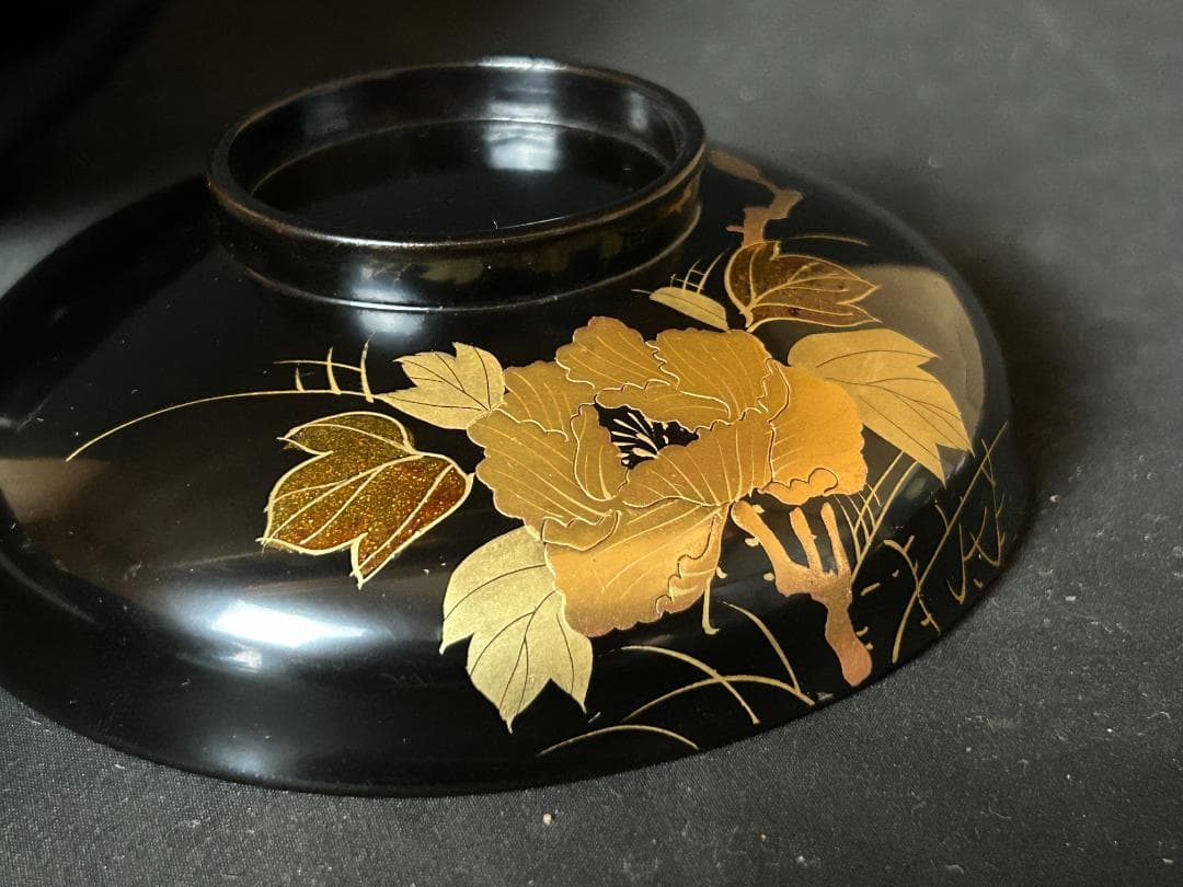 輪島塗 金蒔絵 牡丹図 黒塗 天然木 吸物椀 5客 茶懐石道具 s29