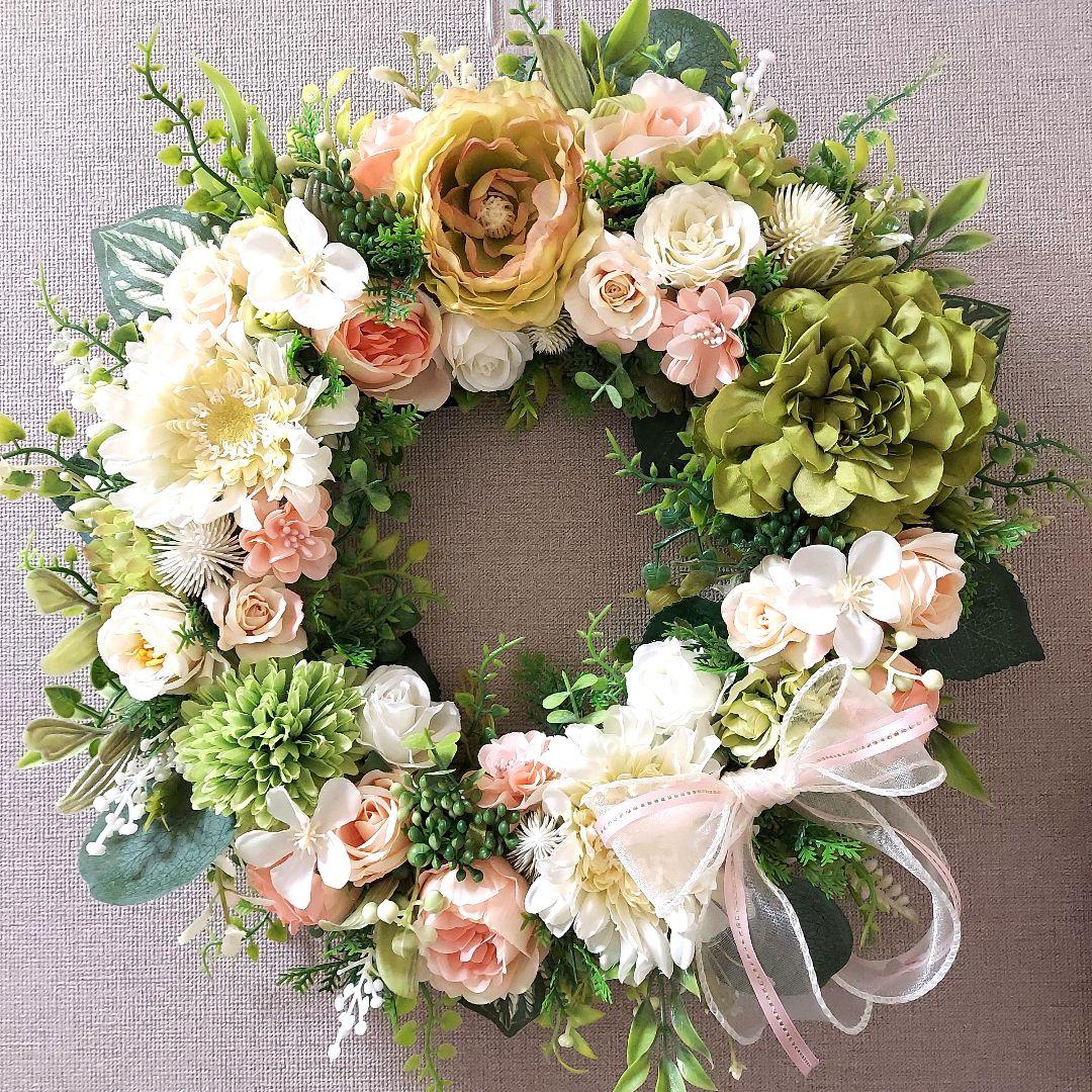 フラワーリース 花見月1 咲き誇る花たち 特大 玄関リース 造花