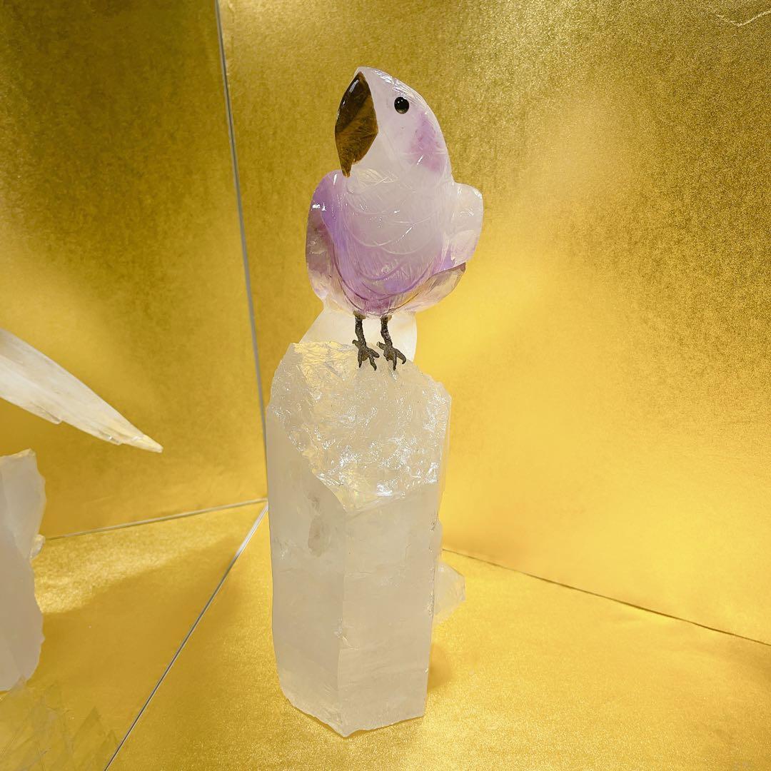 アメジスト鳥彫刻水晶ポイント台NO25-1495