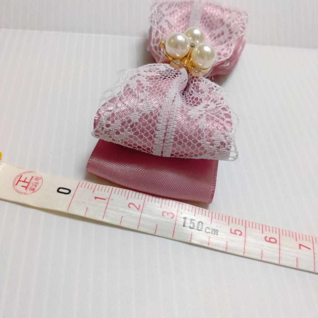 確認　ヘアリボン ヘアゴム　上品 レース　597　くすみピンク　パール