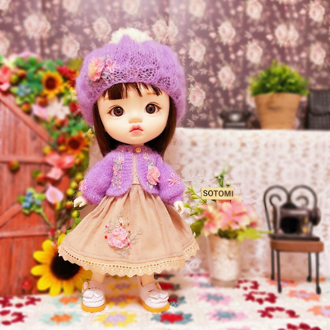 手作りモヘア刺繍セット（ベレー帽 + カーディガン + ワンピース）