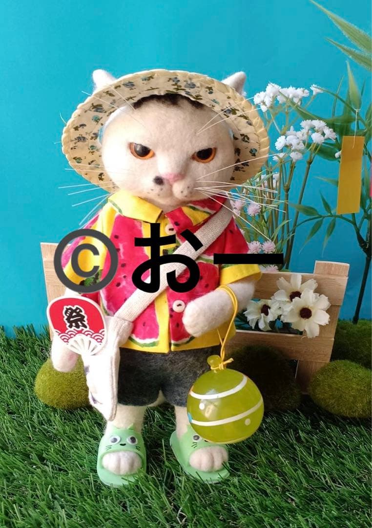 ハンドメイド★羊毛フェルト　夏　ネコ　うちわ　サンダル　麦わら帽子