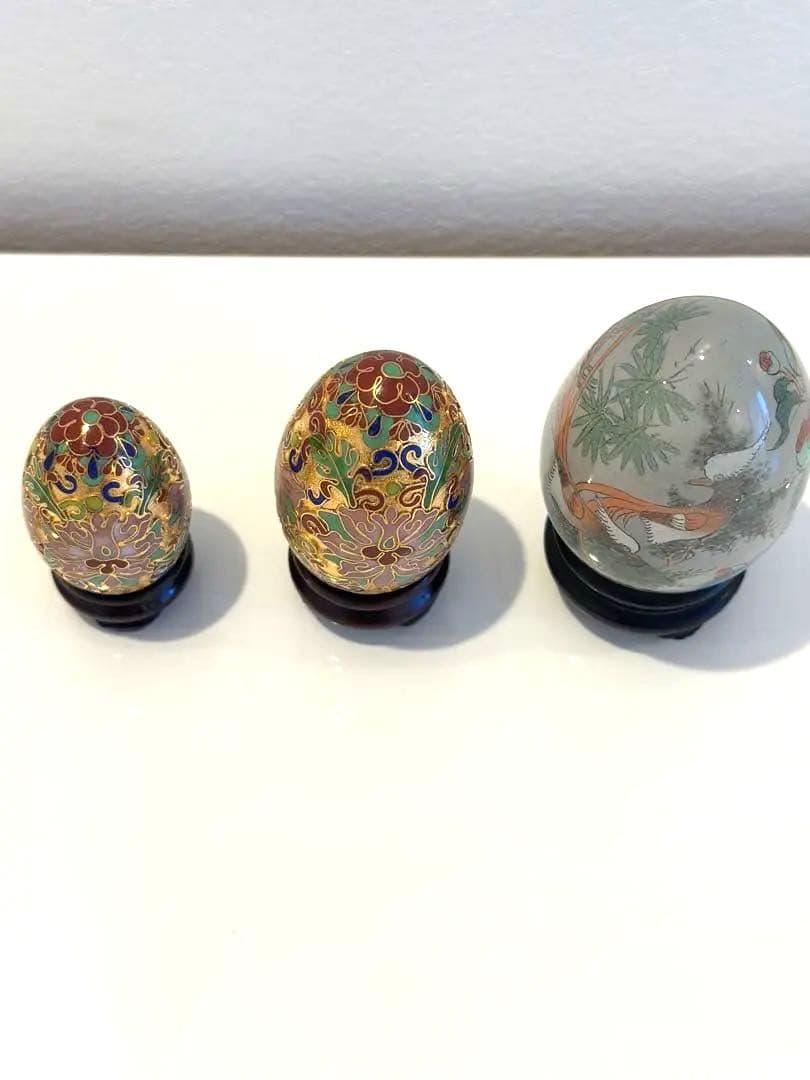 【卵型オブジェ 3点】東洋アンティーク 七宝焼 ガラス×金属 台座付 骨董雑貨