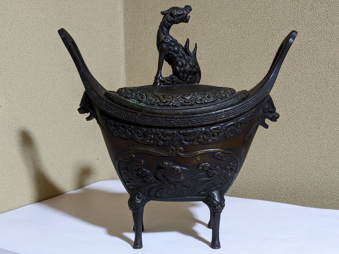 ♦中国 古玩 古美術 唐金 神獣 透かし 四足 香炉 骨董品アンティーク