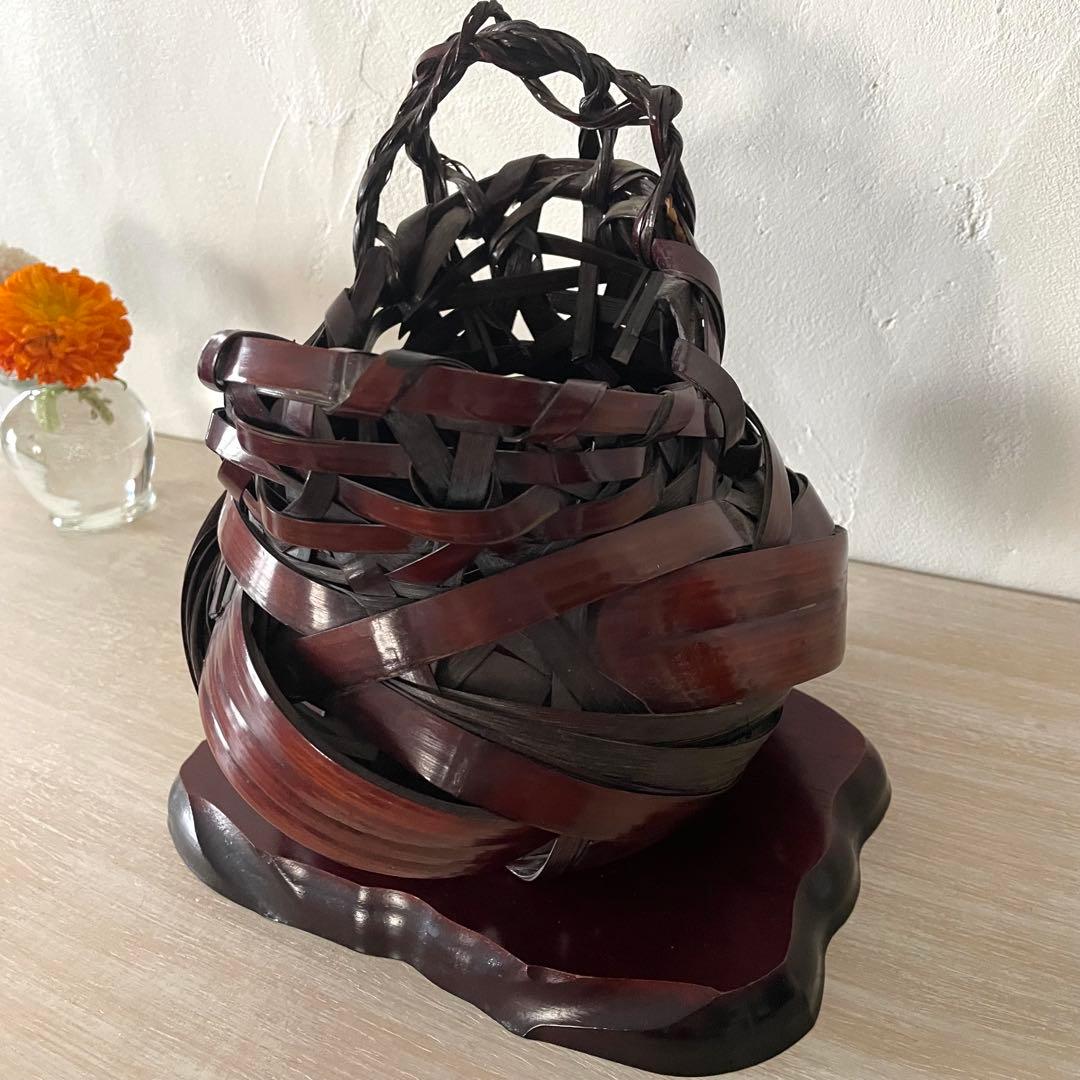 竹籠 花器 インテリア 竹細工　木製台座　茶道具　 華道具　台座セット
