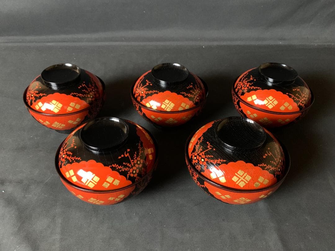 正方寺蒔絵 掻合塗 天然木 煮物椀 5客 茶懐石道具 茶道具 正月お雑煮