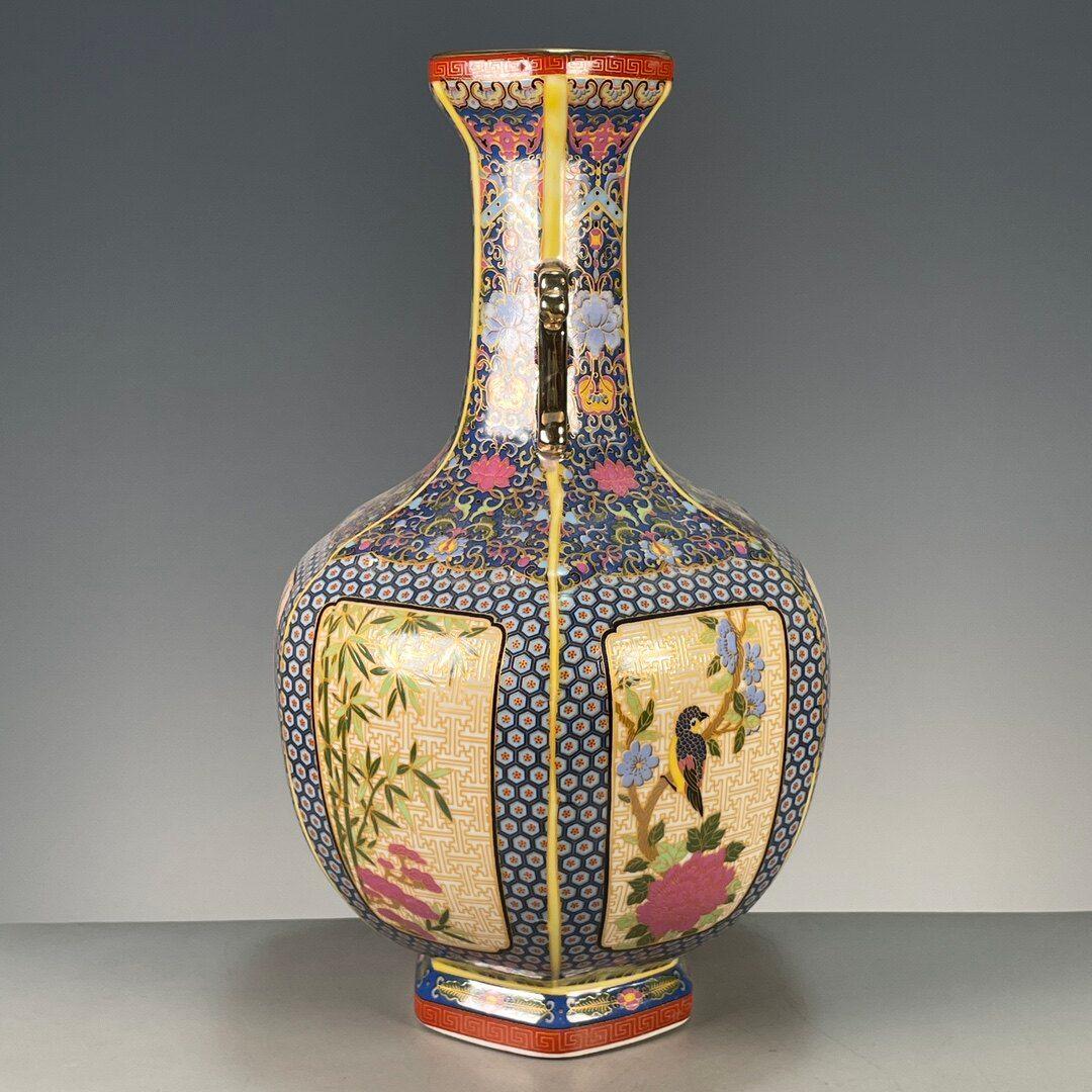 琺瑯彩両耳蒔絵花鳥賞瓶 景徳鎮 陶磁器 装飾品 現代工芸品 美術品 置物