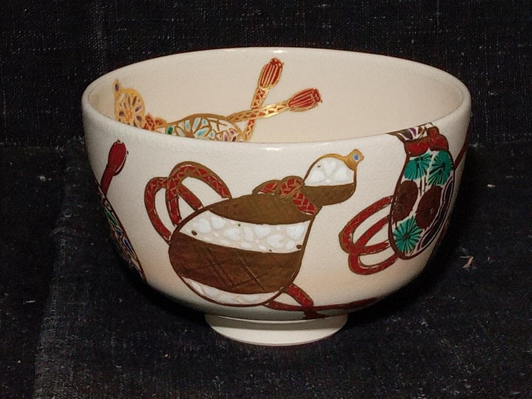 宮川香林 六瓢 金彩色絵 茶碗 共布 共箱付き 陶器 和食器 茶道具 茶器 湯呑
