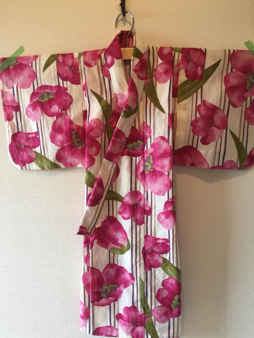 ピンクの花柄浴衣☆手縫い☆帯セット☆