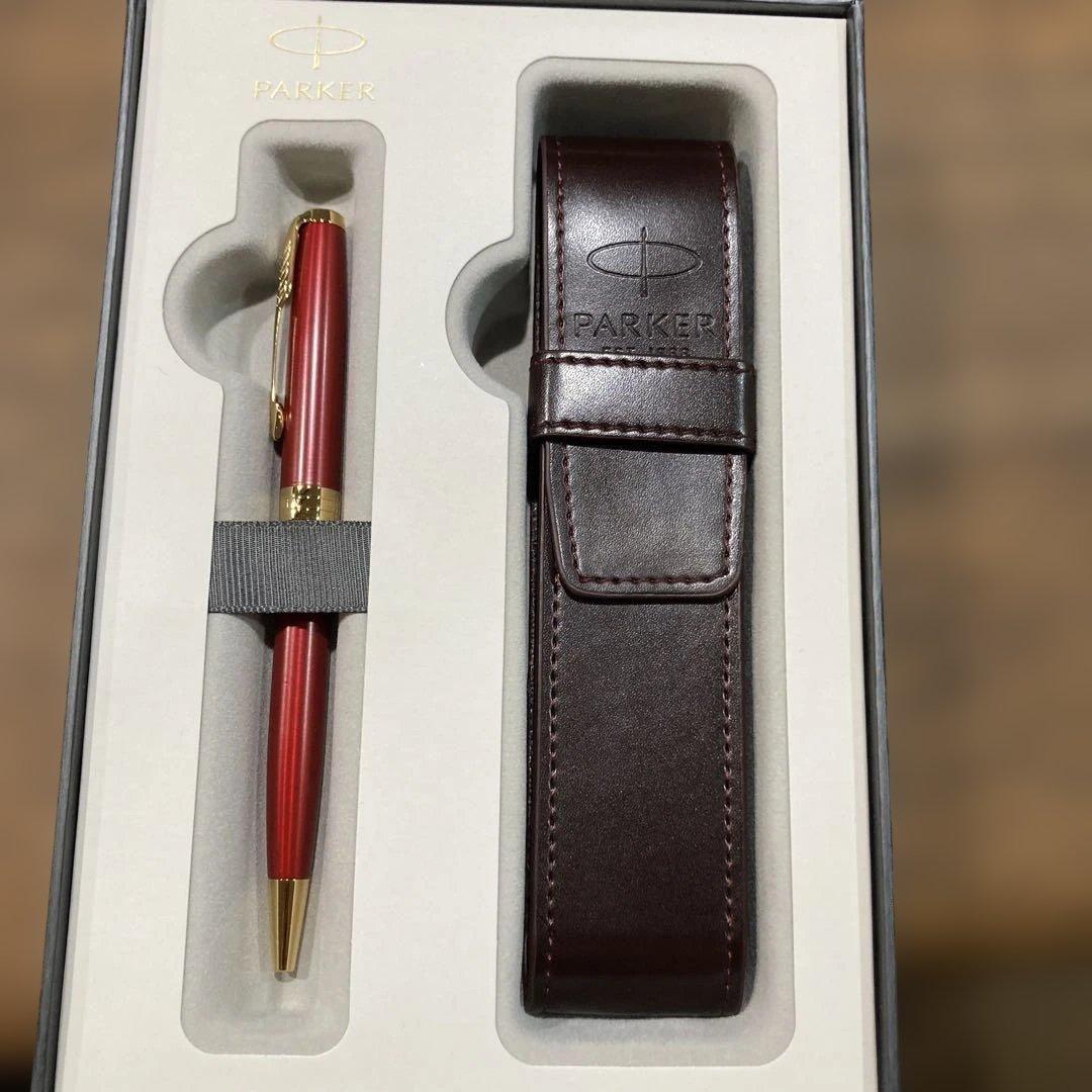 Parker 赤 ボールペン レザーケース付き