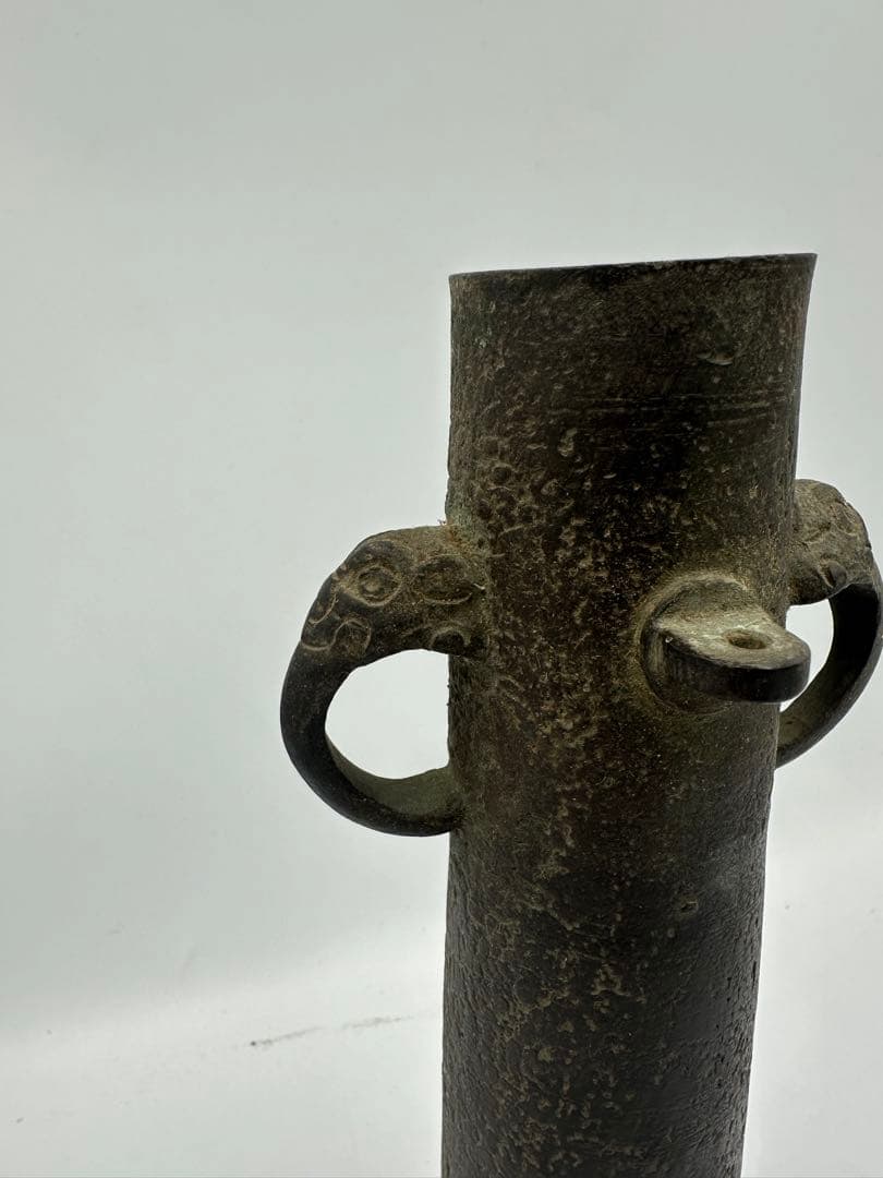 中国美術　唐銅　象耳付花入　高さ25cm
