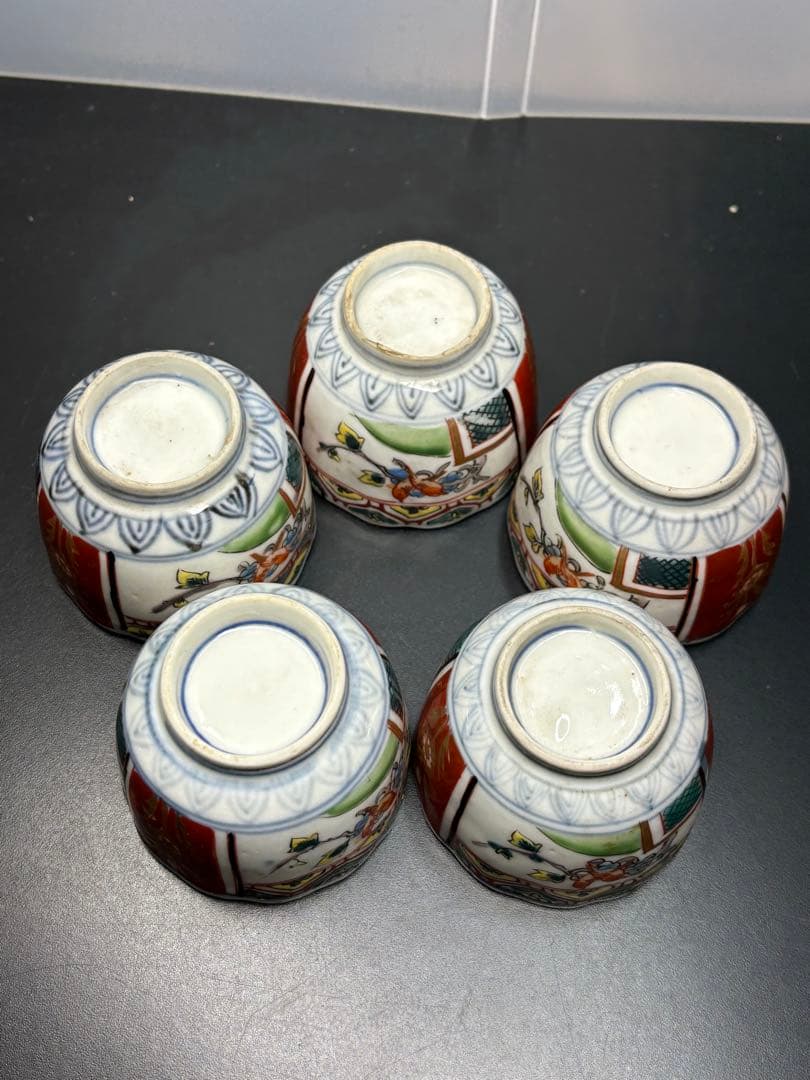 古伊万里 色絵花鳥文 江戸時代 輪花型 窓絵 吉祥文様 向付 蕎麦猪口 手描き