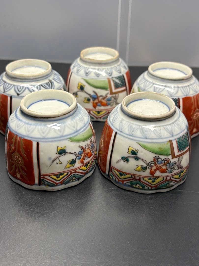 古伊万里 色絵花鳥文 江戸時代 輪花型 窓絵 吉祥文様 向付 蕎麦猪口 手描き