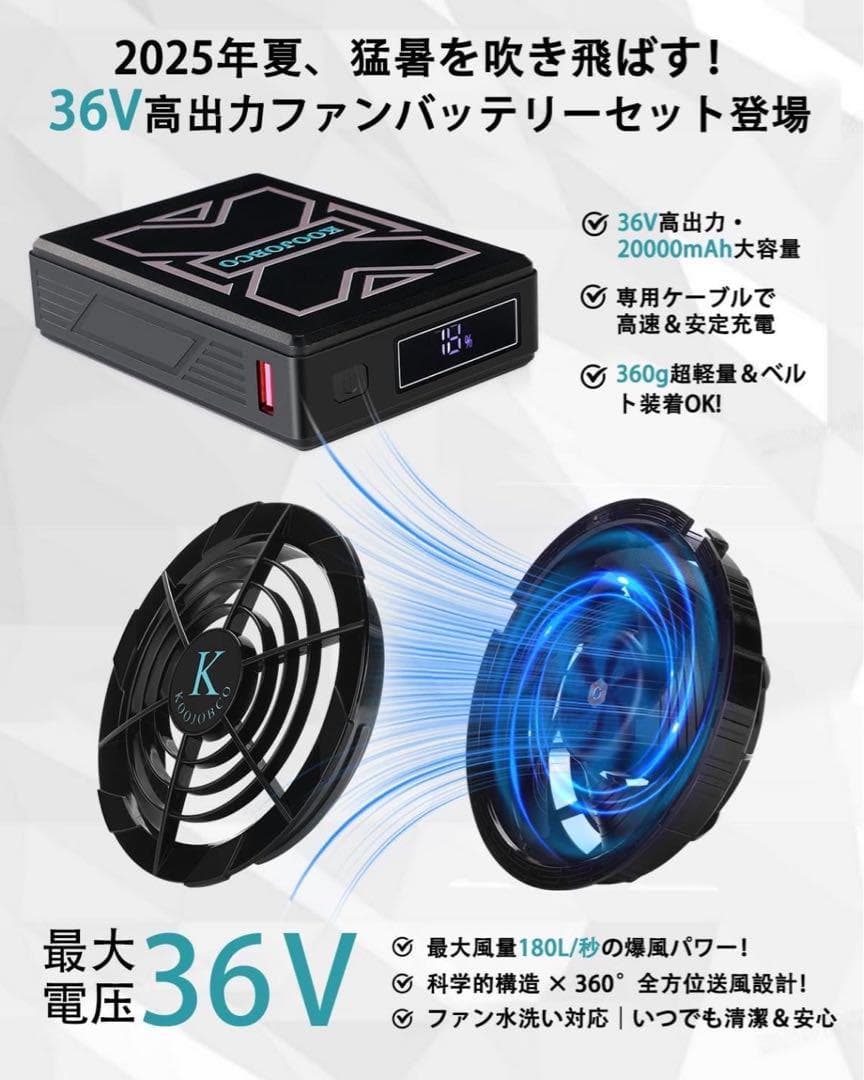 在庫1点 36V 高出力 ファンバッテリーセット 作業服20000mAh 日本製