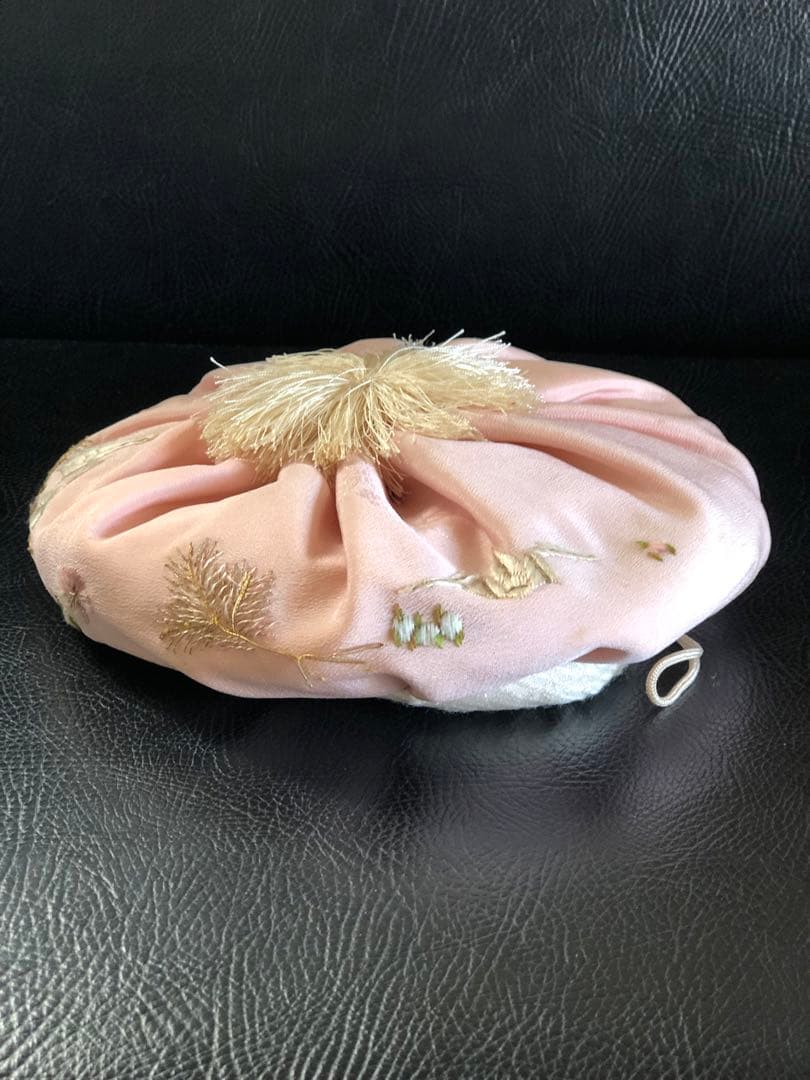 当時物　子達帽子　正絹刺繍金糸　織鶴松桜花図柄　明治大正期　希少　骨董品