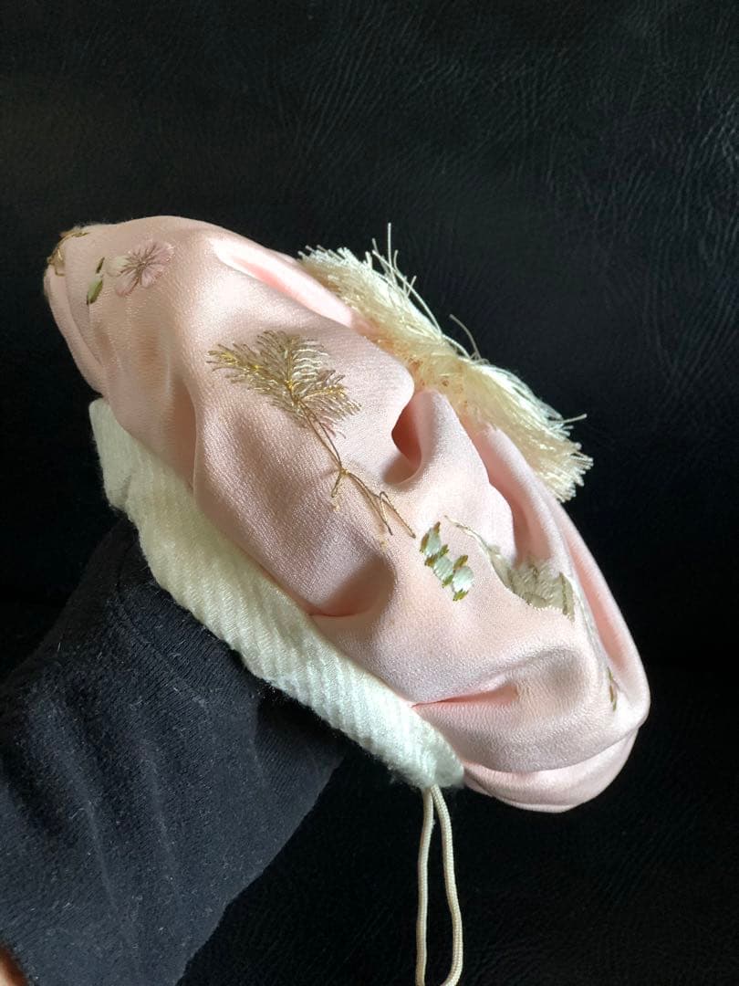 当時物　子達帽子　正絹刺繍金糸　織鶴松桜花図柄　明治大正期　希少　骨董品