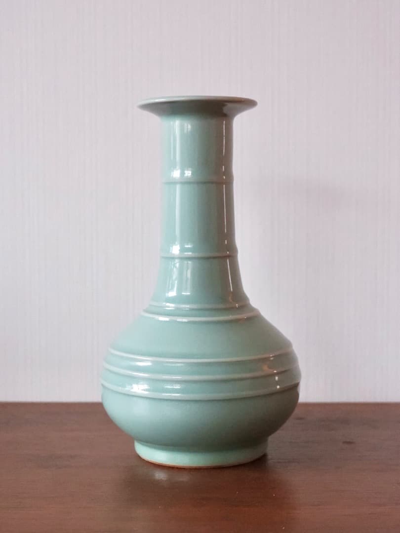林淡幽　五山窯　青磁　筍花生　花瓶　華道具　共箱　Q2529