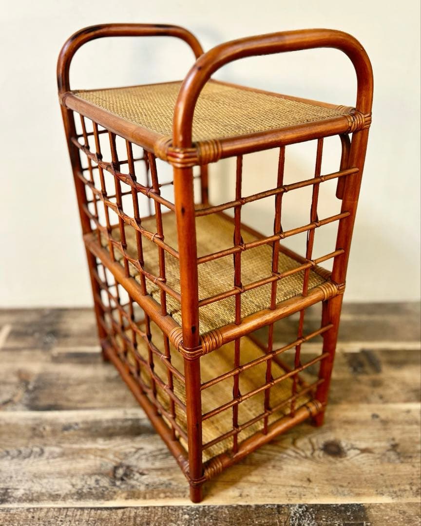 昭和中期 籐 ラタン 3段 ラック シェルフ 収納棚 古家具 古道具1950〜