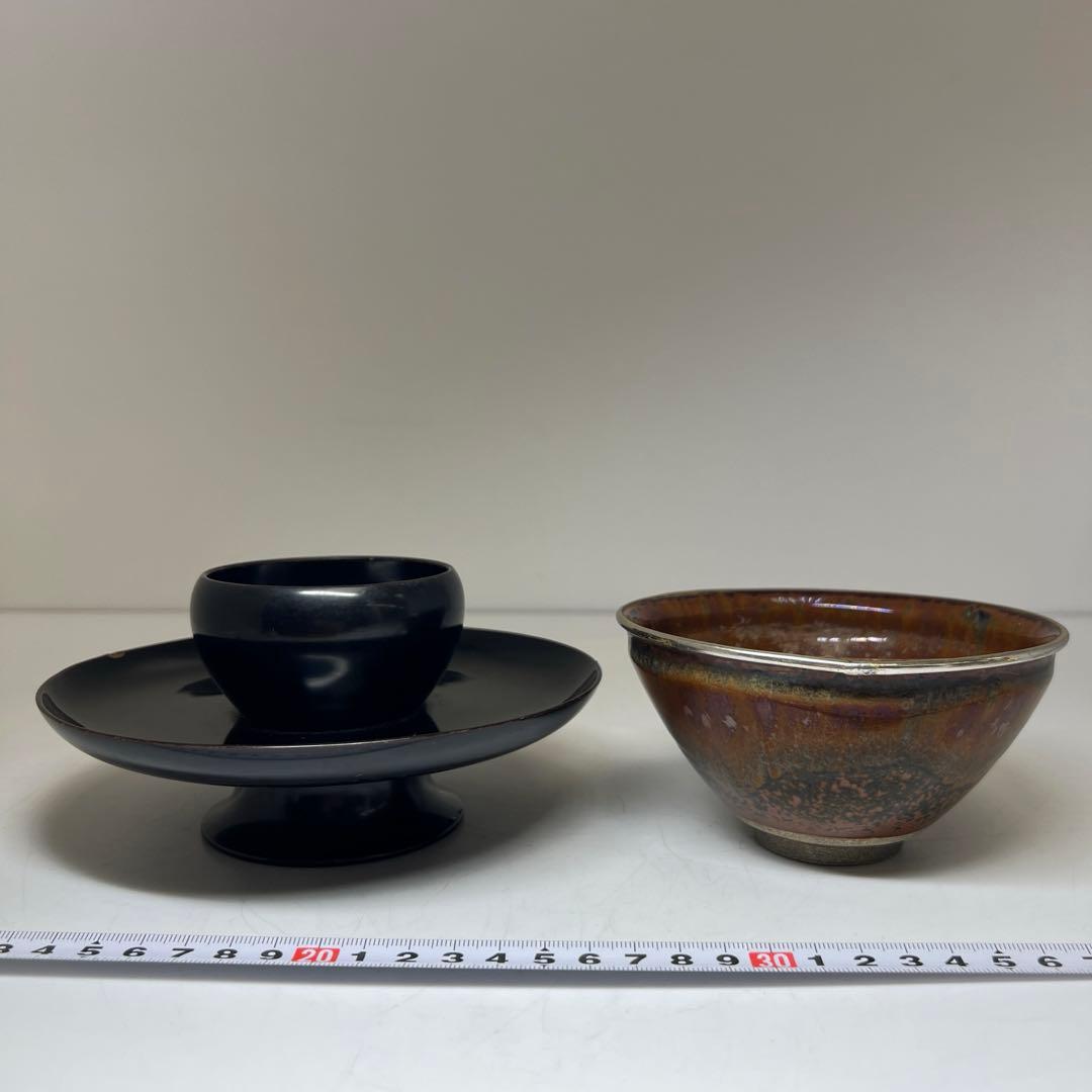 中国美術　天目茶碗、天目台セット　東Y8-0331☆2Fタコサオ