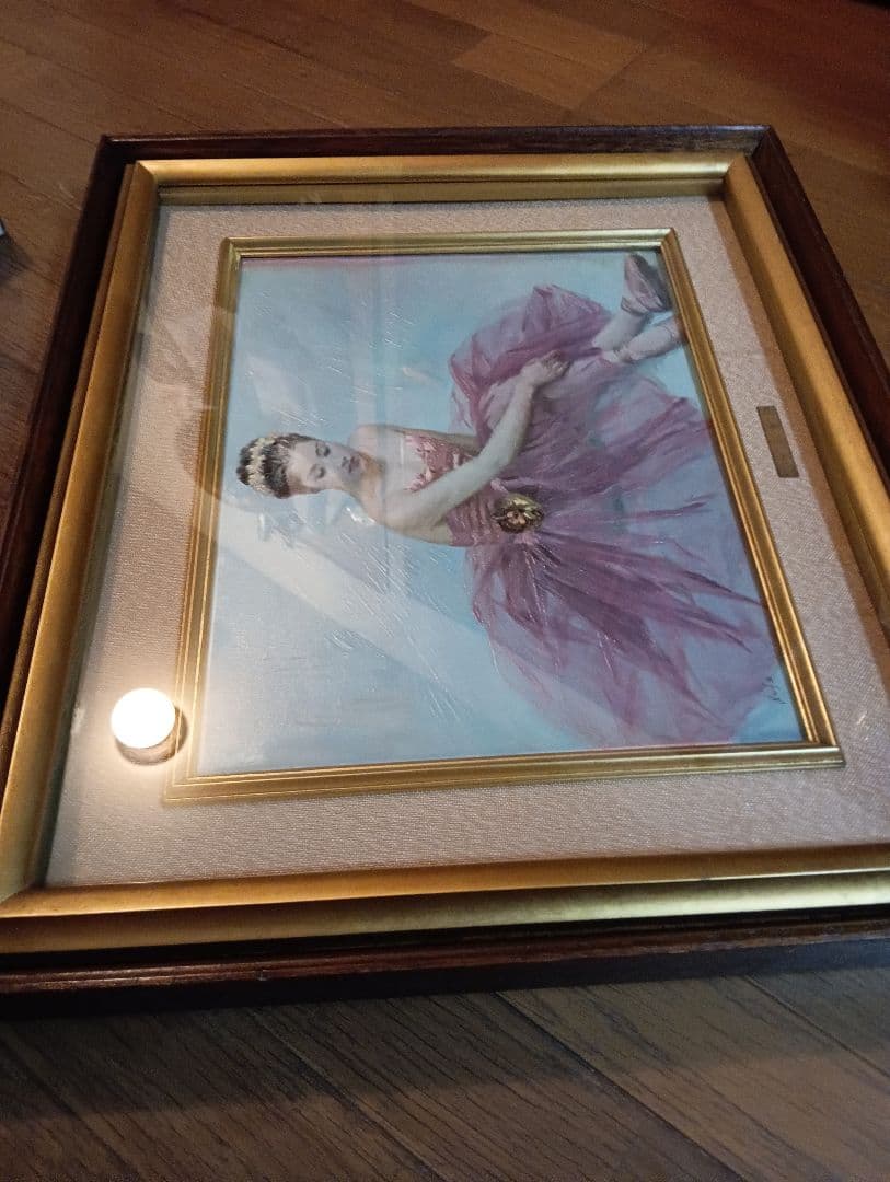 昭和レトロ油彩風美術工芸画ガラス板額装横幅６０Ｘ縦５２センチＦ６バレーリーナ絵