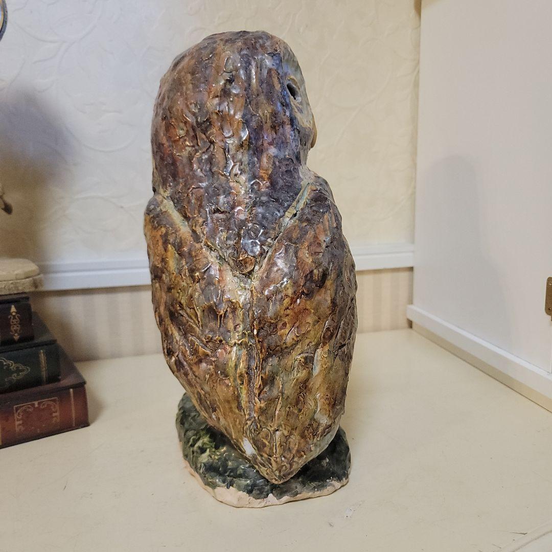 大きなフクロウの石膏像　創作作品　焼き物置物　キャンドル-inでも　一点もの