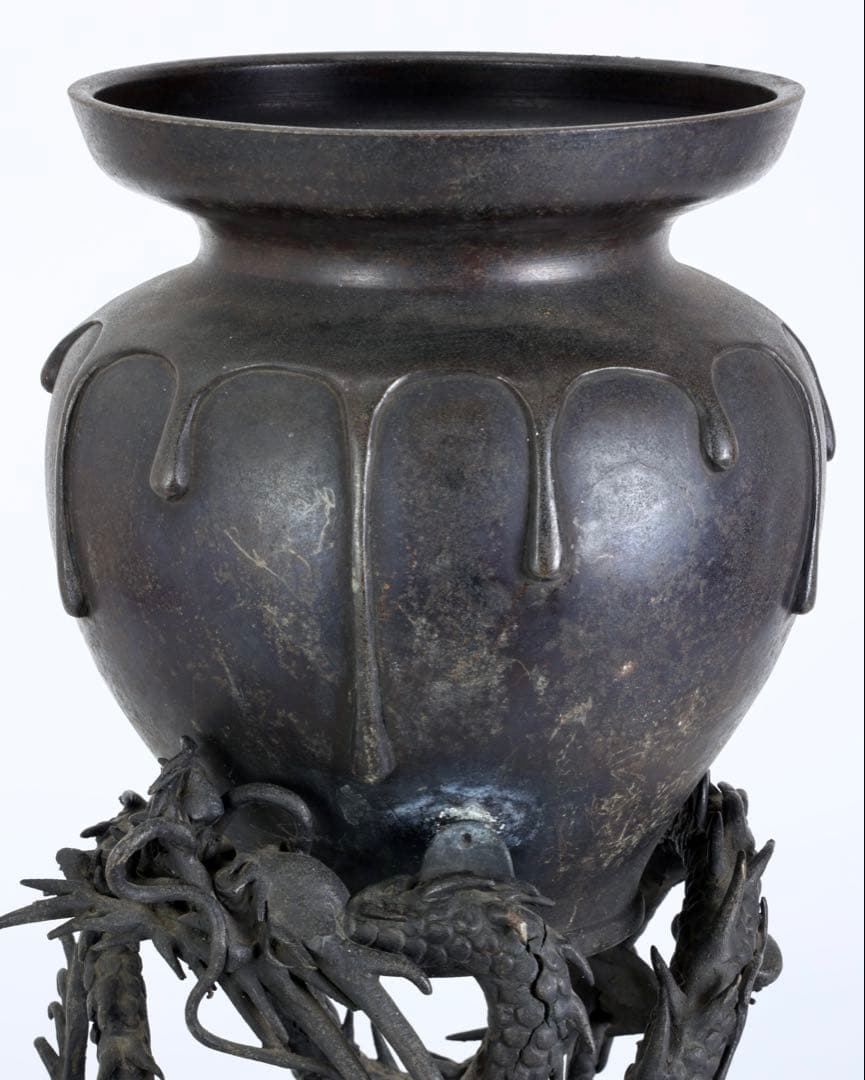 蝋型鋳銅 龍台付壺 高さ38cm 銅製 花器 花瓶 飾壺 古銅 古美術 骨董品