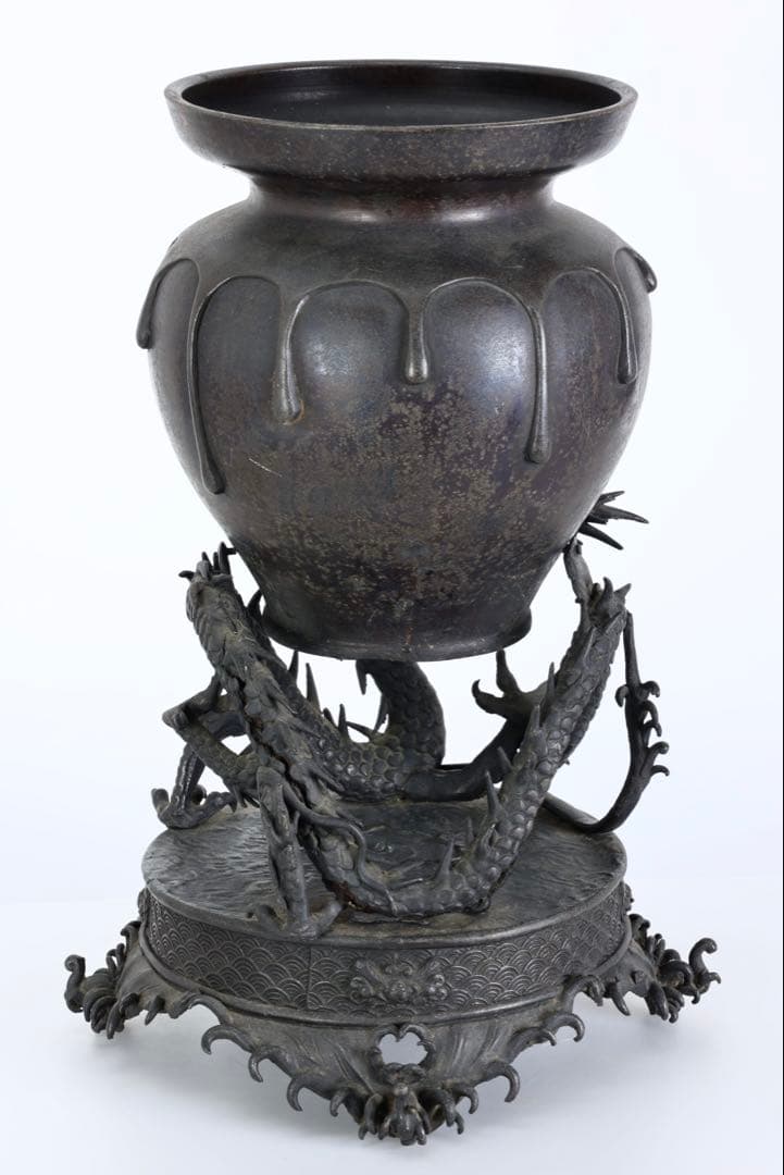 蝋型鋳銅 龍台付壺 高さ38cm 銅製 花器 花瓶 飾壺 古銅 古美術 骨董品
