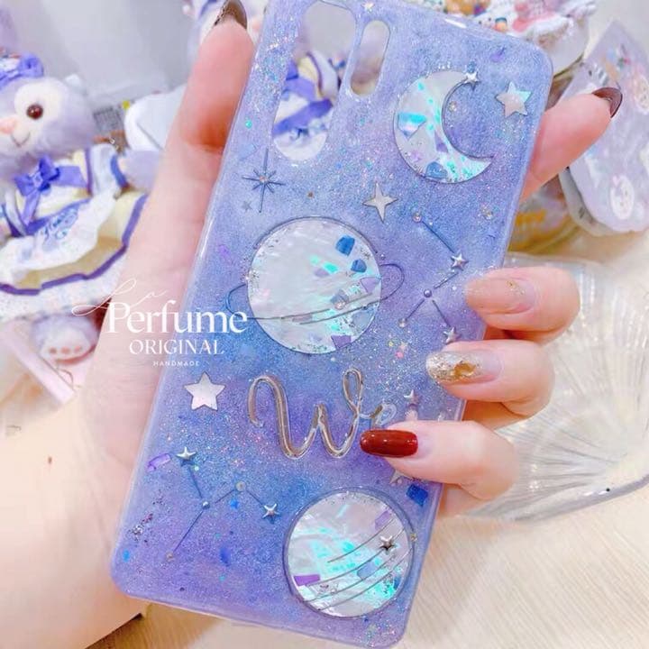 名入れ♡惑星 月✨星⭐︎シェル♡オリジナルスマホケース✨イニシャル パープル