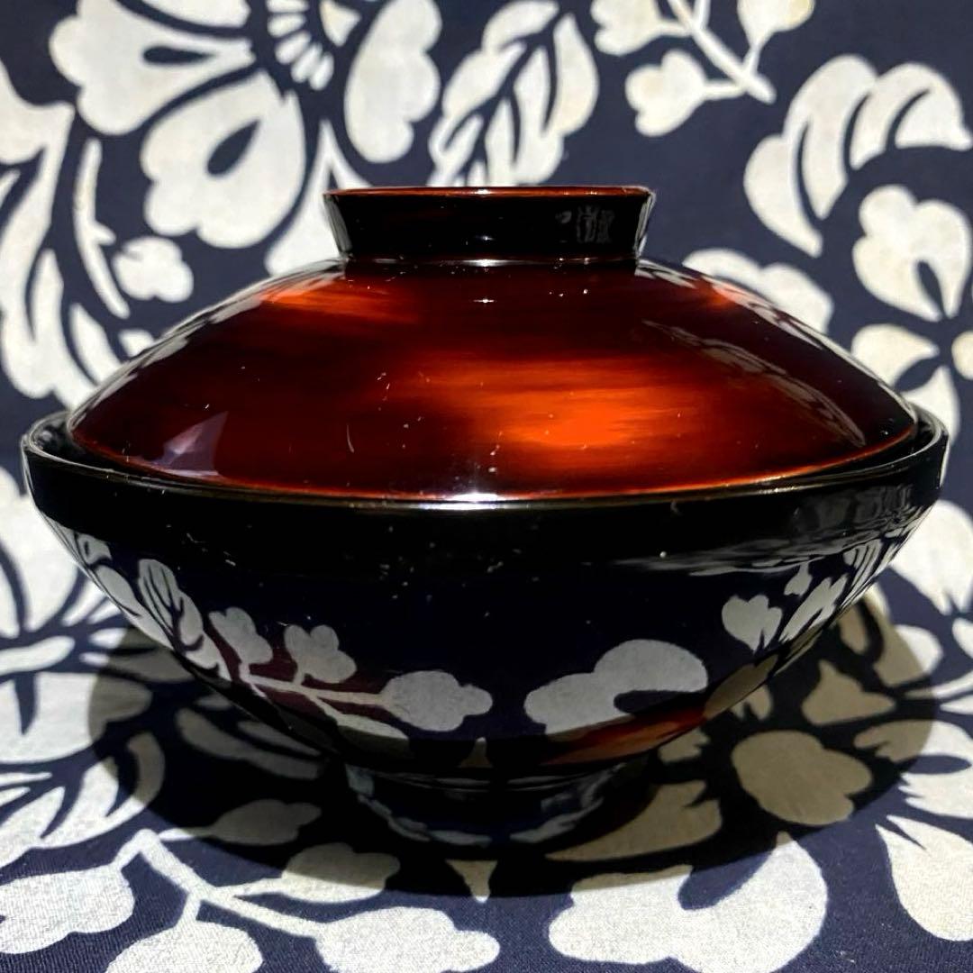時代物輪島塗　本漆漆器吸物椀　金蒔絵・銀蒔絵・萩に小鳥　溜塗・朱塗内黒　二客　②