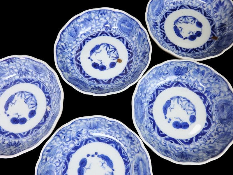 古伊万里　染付　線描き　花に唐草の図　膾皿 ５客　C999AS-fbvr