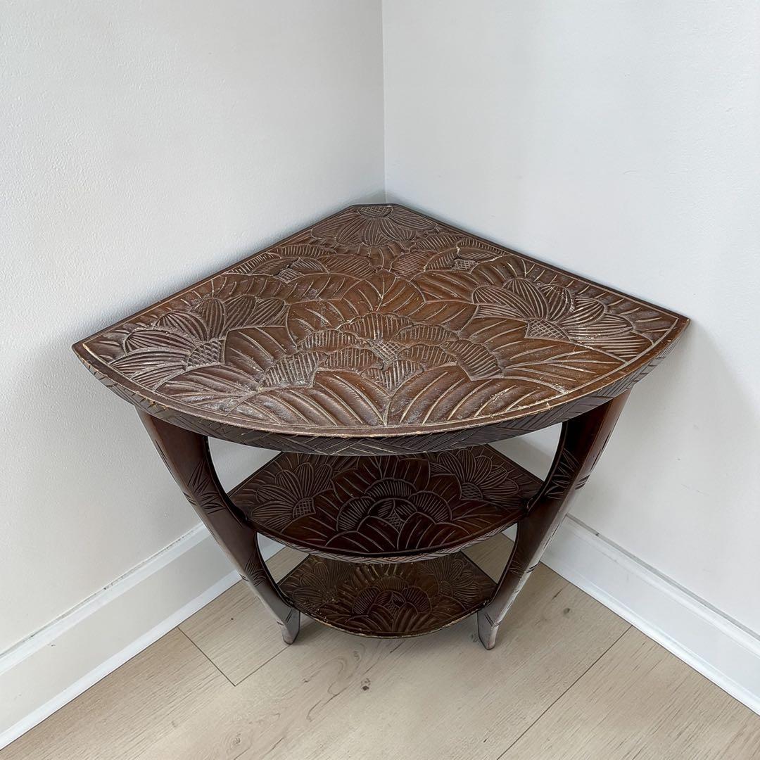 日光彫 木製 コーナーラック 3段 隅棚 飾り棚 花台 アンティーク レトロ 茶