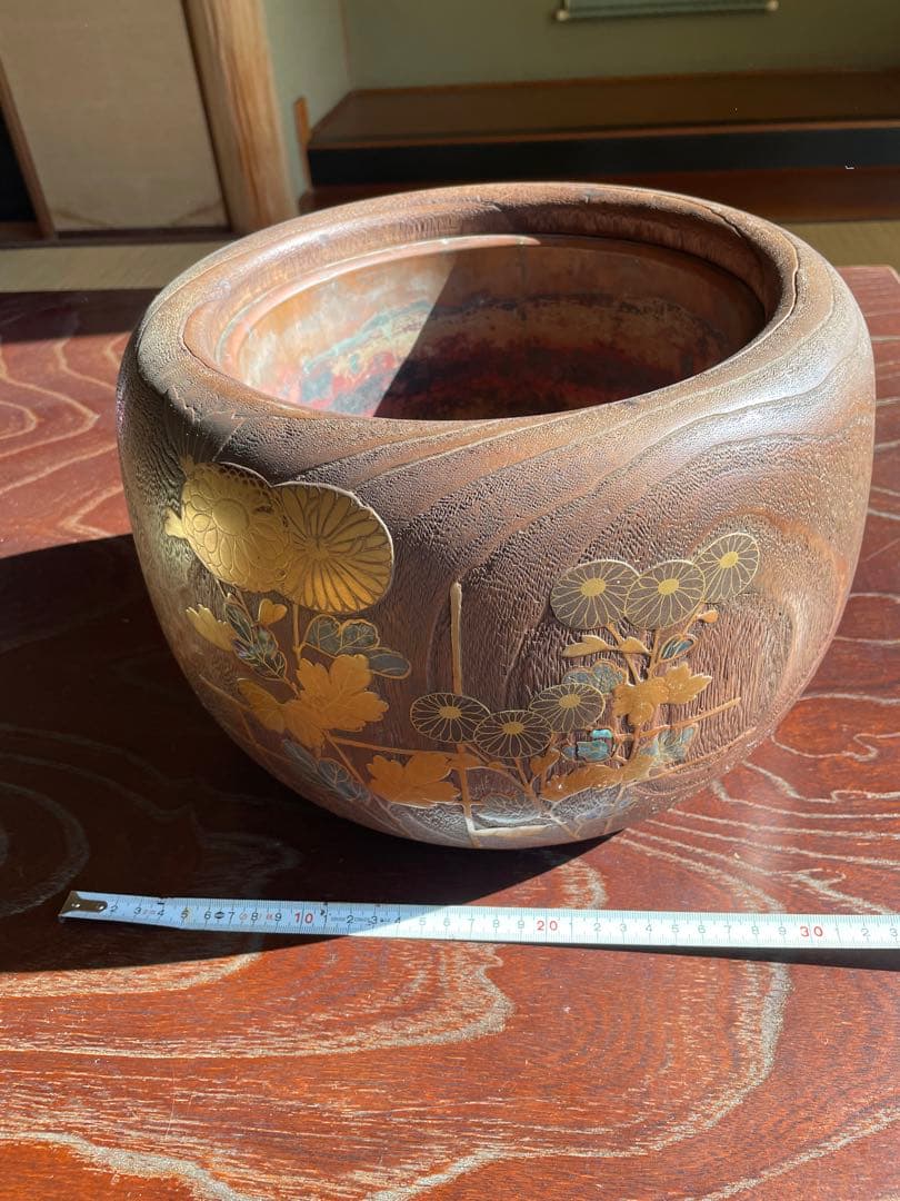 美品　時代　桐火鉢　秋草蒔絵 火鉢　螺鈿入り　茶道具　骨董品　木製火鉢　100年