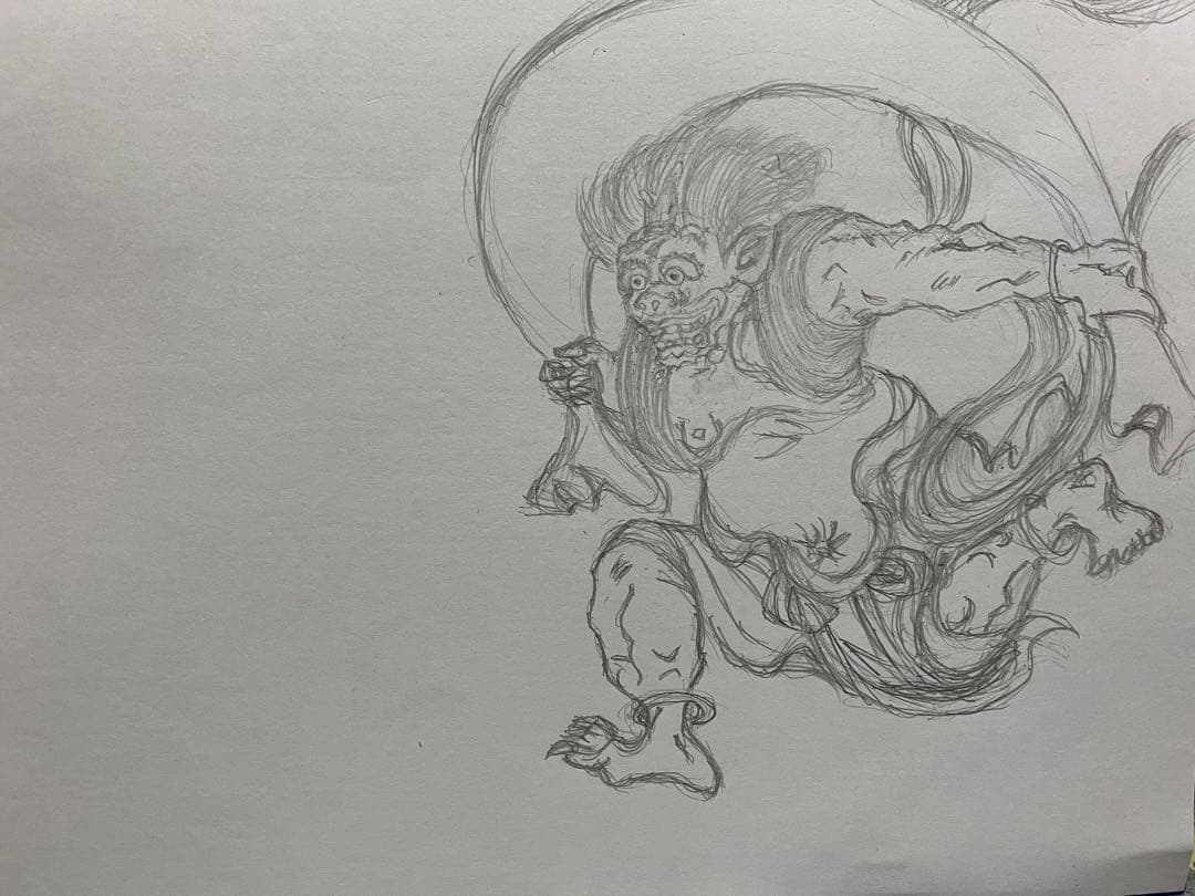 和風水彩画 風神　木製フレーム付き