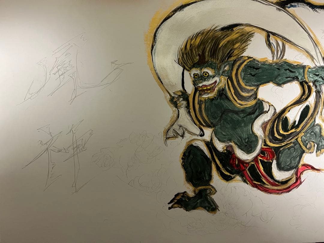 和風水彩画 風神　木製フレーム付き